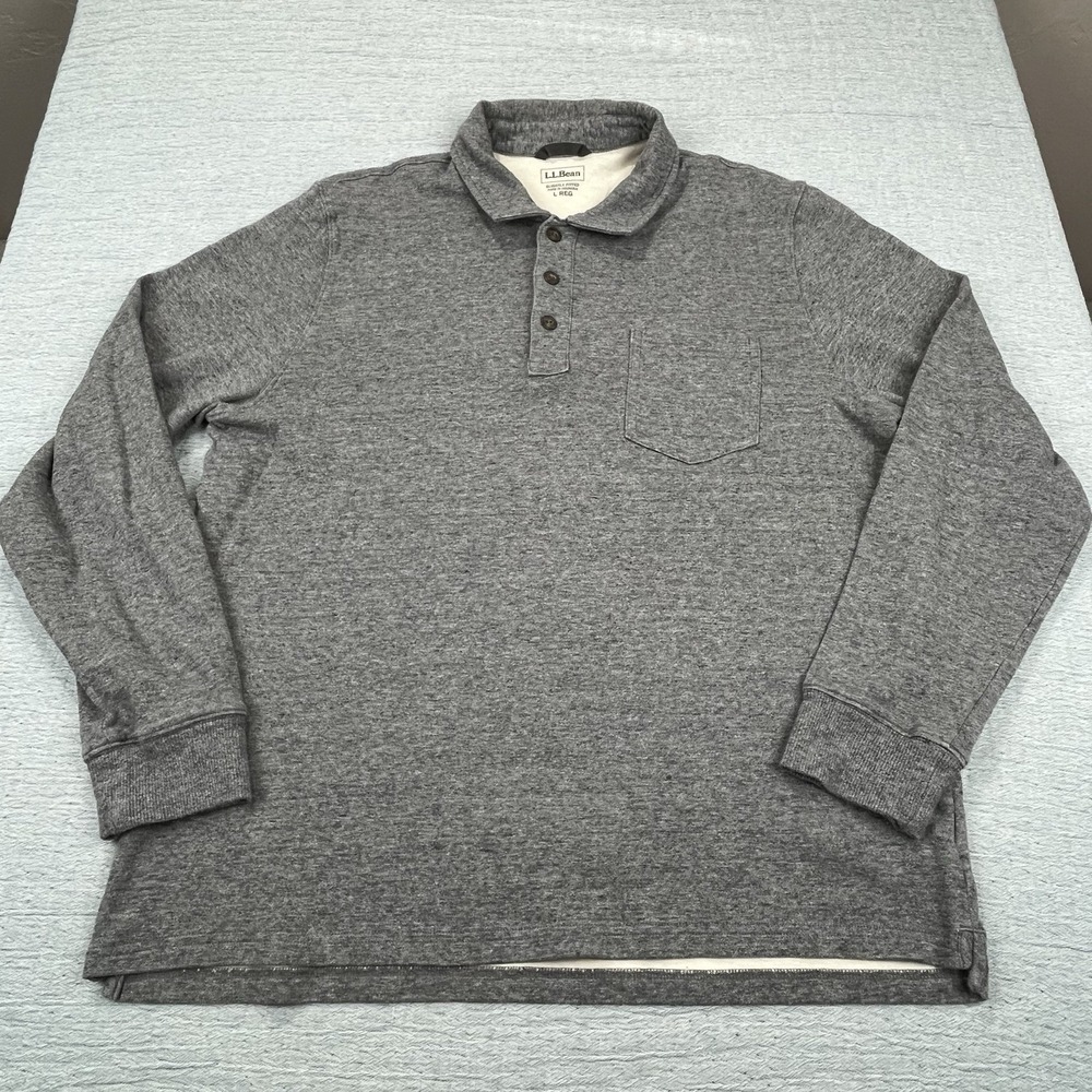L.L. Bean Men's Washed Cotton‎ Double-Knit Long Sleeve Gray Polo Shirt L